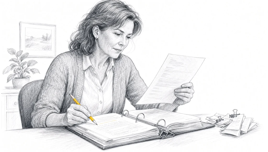 An illustrated bookkeeper checks a client letter against a binder of reference notes.