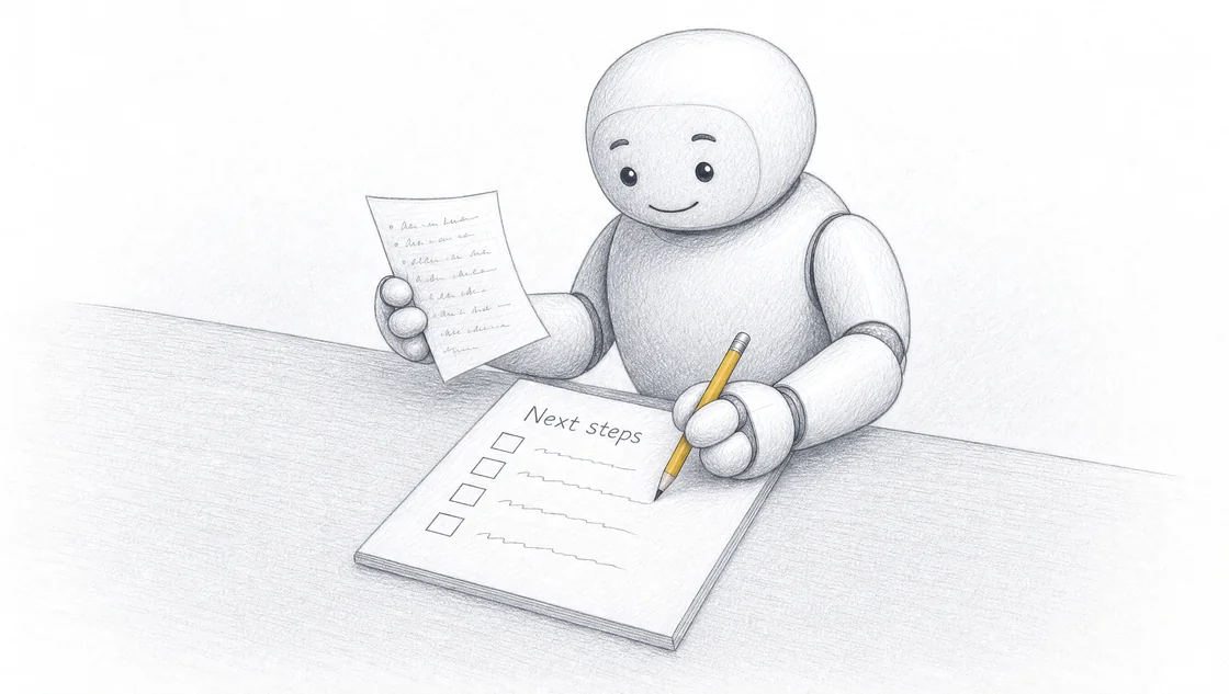 The AI workmate reads loose notes and writes a checklist with empty boxes for next steps.