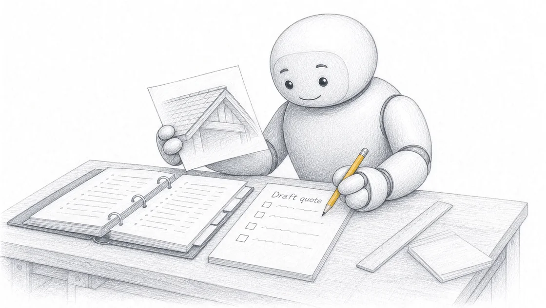 The AI workmate uses a roof sketch and source-price binder to write a draft quote.