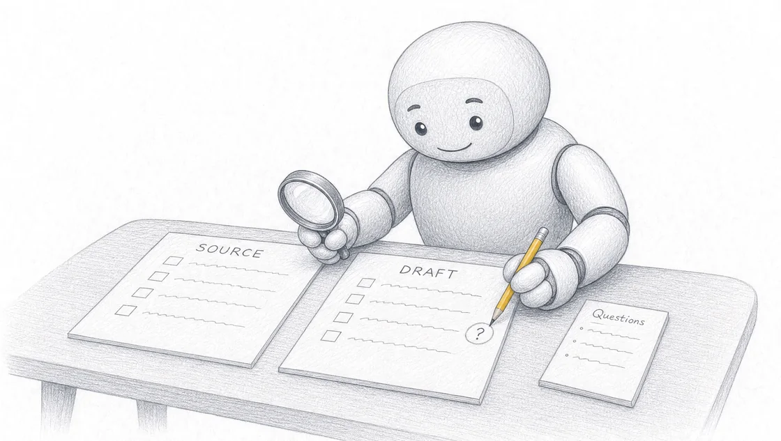 The AI workmate compares a source page with a draft, circling a question for a person to check.