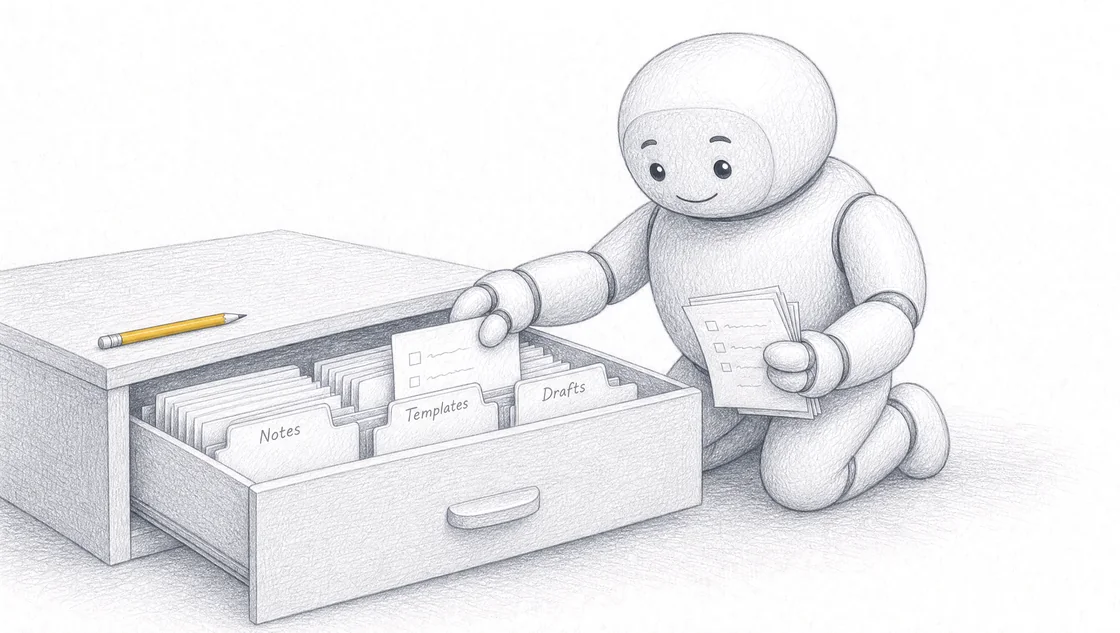 The AI workmate sorts working papers into folders for notes, templates and drafts.