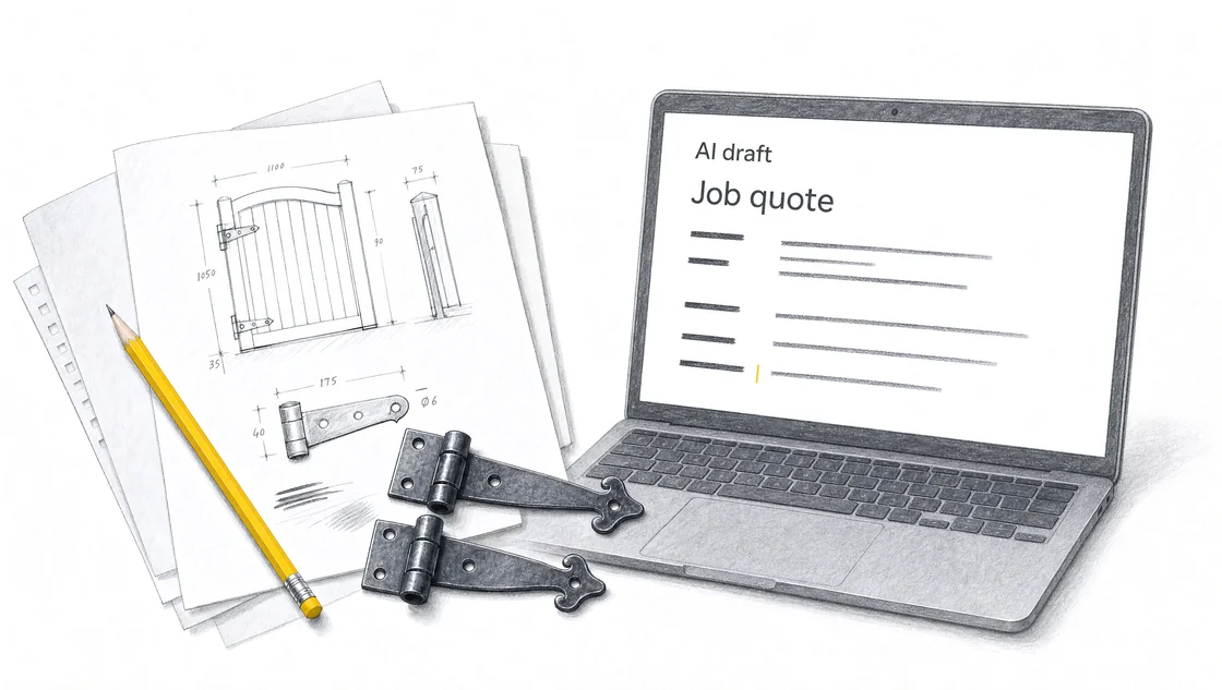 Illustration of gate-repair notes beside a laptop displaying an AI draft quote.