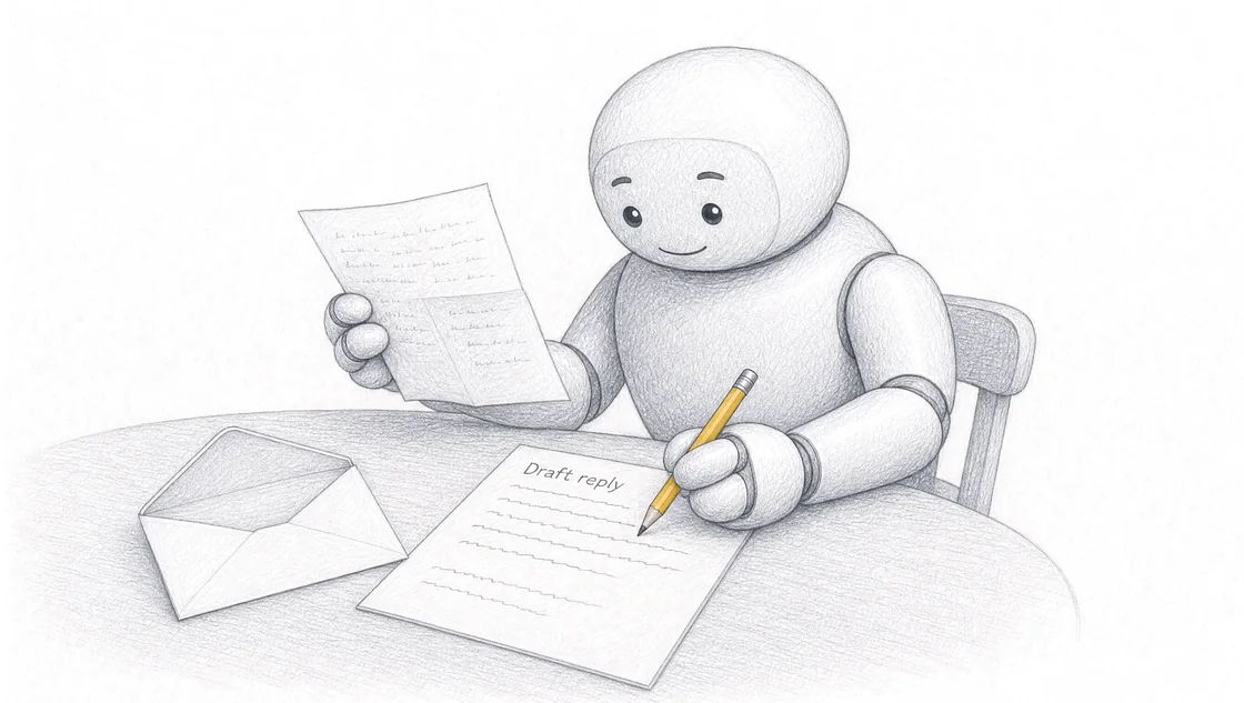 The AI workmate reads a customer enquiry while writing a draft reply beside an open envelope.
