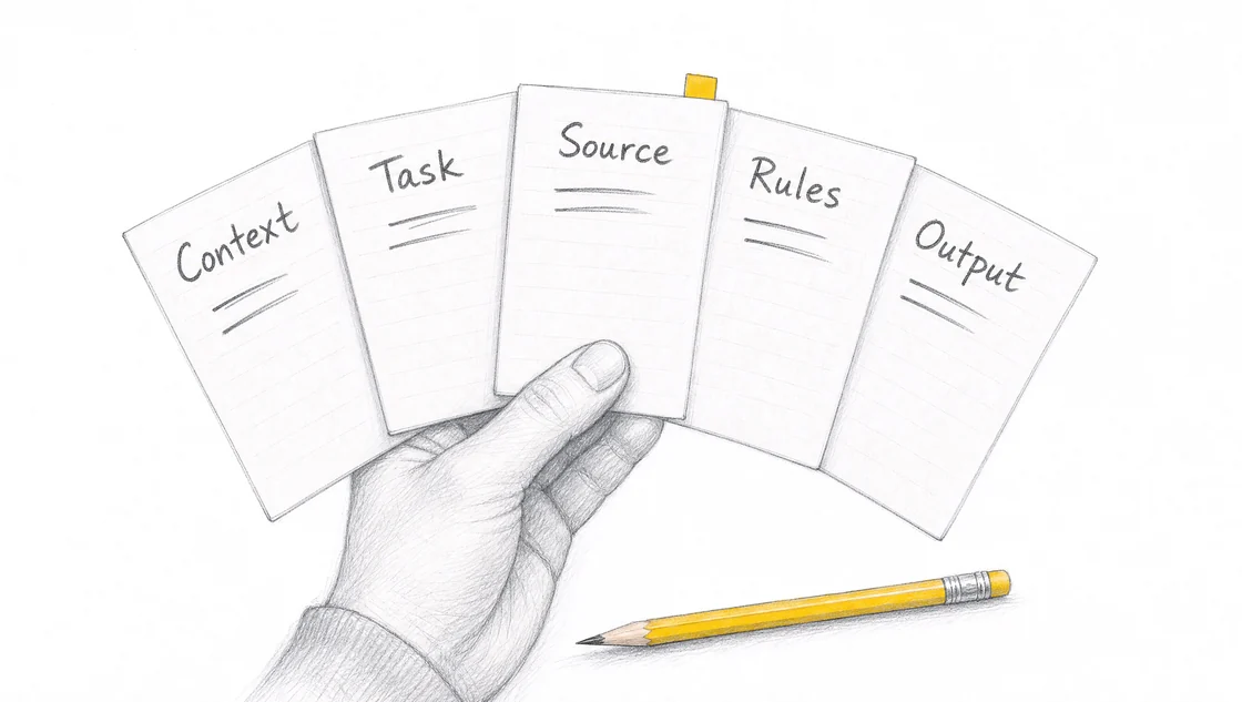 Five pencil-drawn cards labelled Context, Task, Source, Rules and Output.