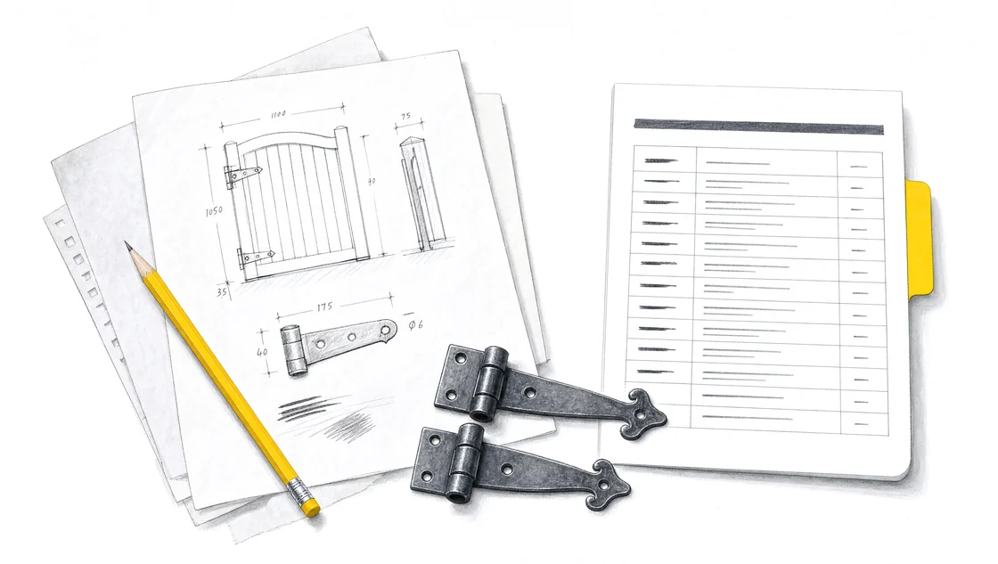 A gate sketch, two hinges and a ruled quote document drawn in pencil.