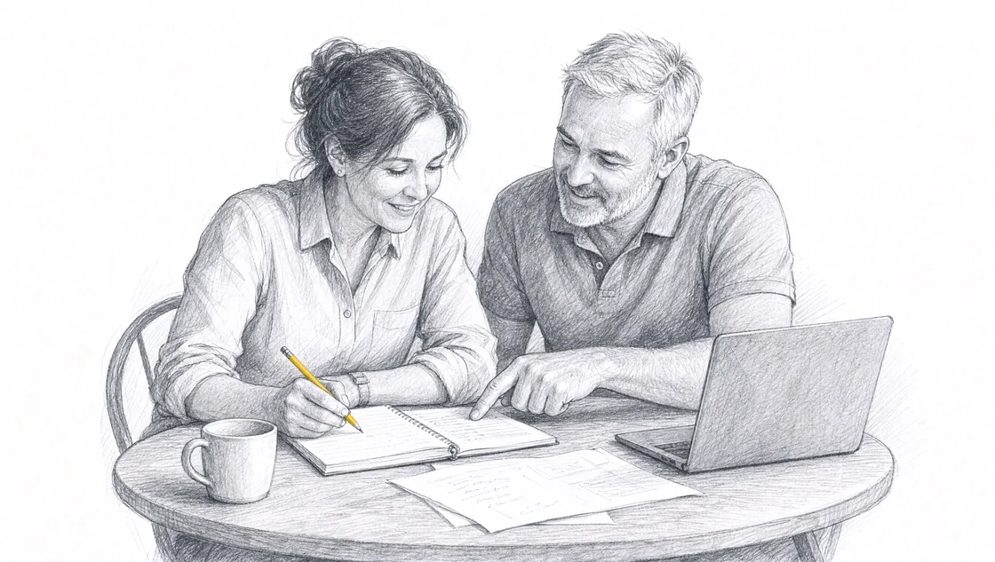 Pencil drawing of two business owners working through a task together.