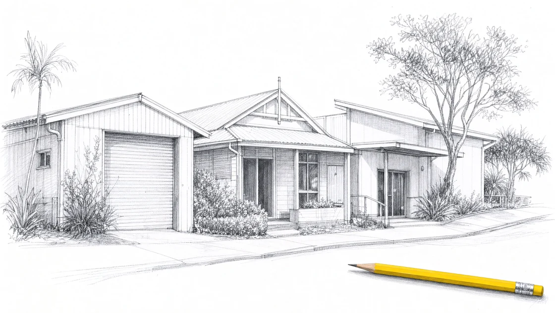 A pencil-drawn streetscape of small trade, office and clinic premises.