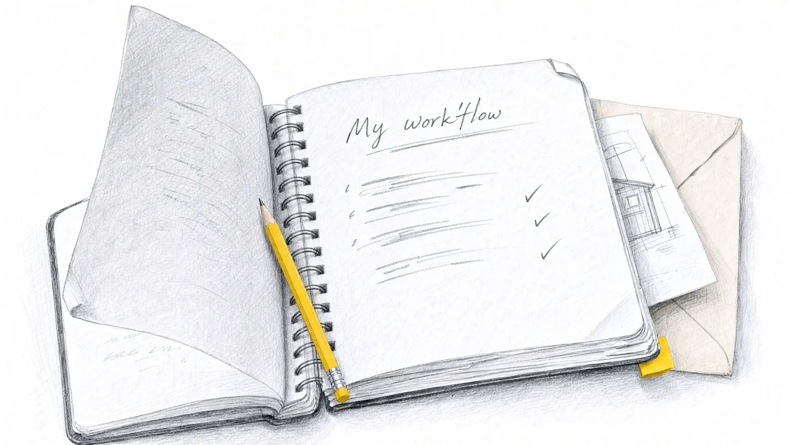 An open personal notebook with workflow notes and a yellow pencil.