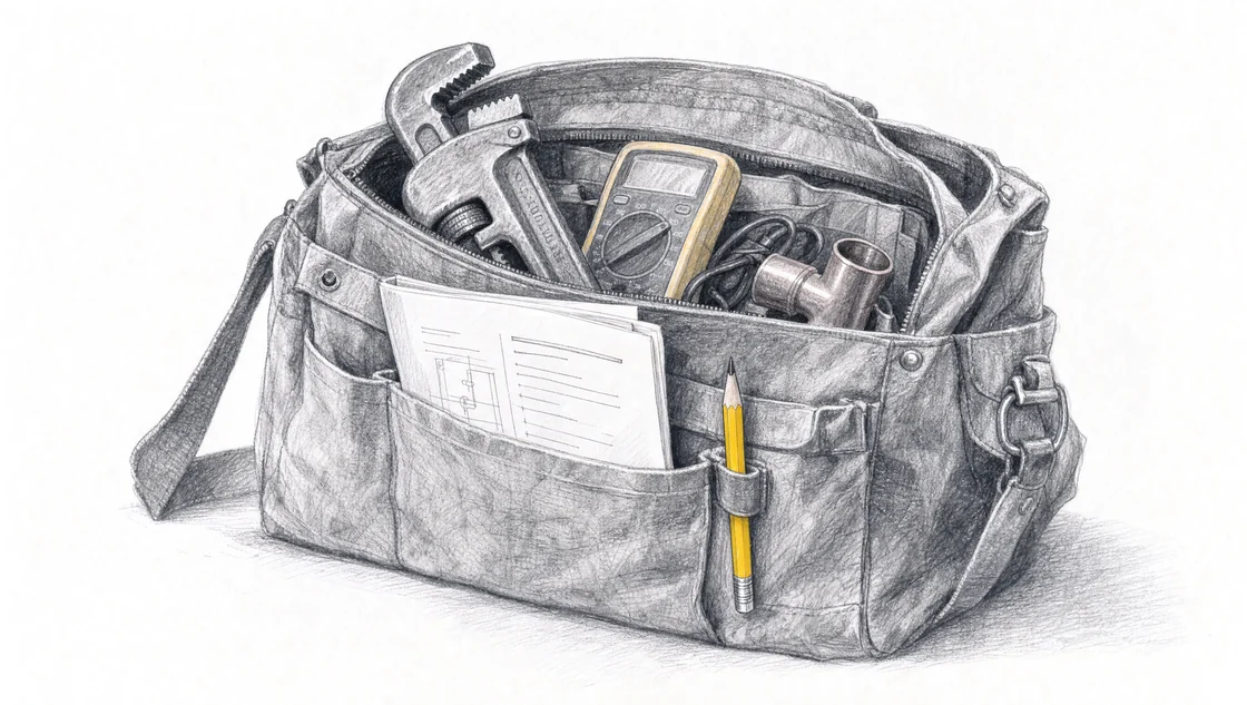 A canvas tool bag holding plumbing and electrical tools, with a job sheet and yellow pencil.
