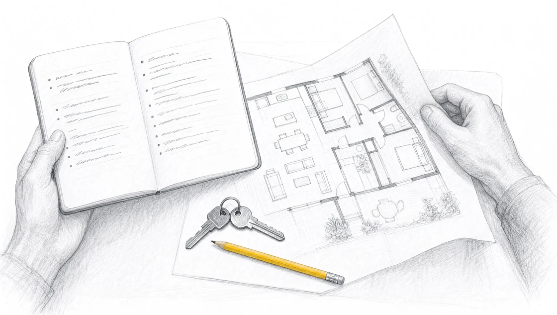 An agent compares inspection notes with a floor plan beside a set of house keys.
