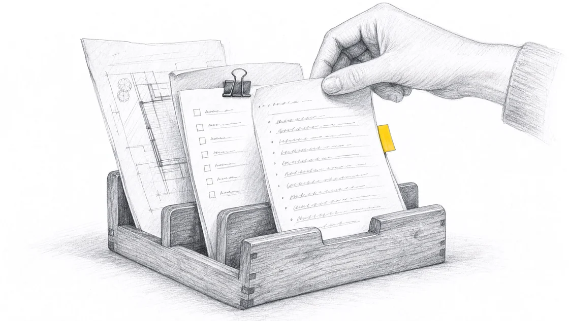 A hand selects a practical guide from a wooden rack of working documents.
