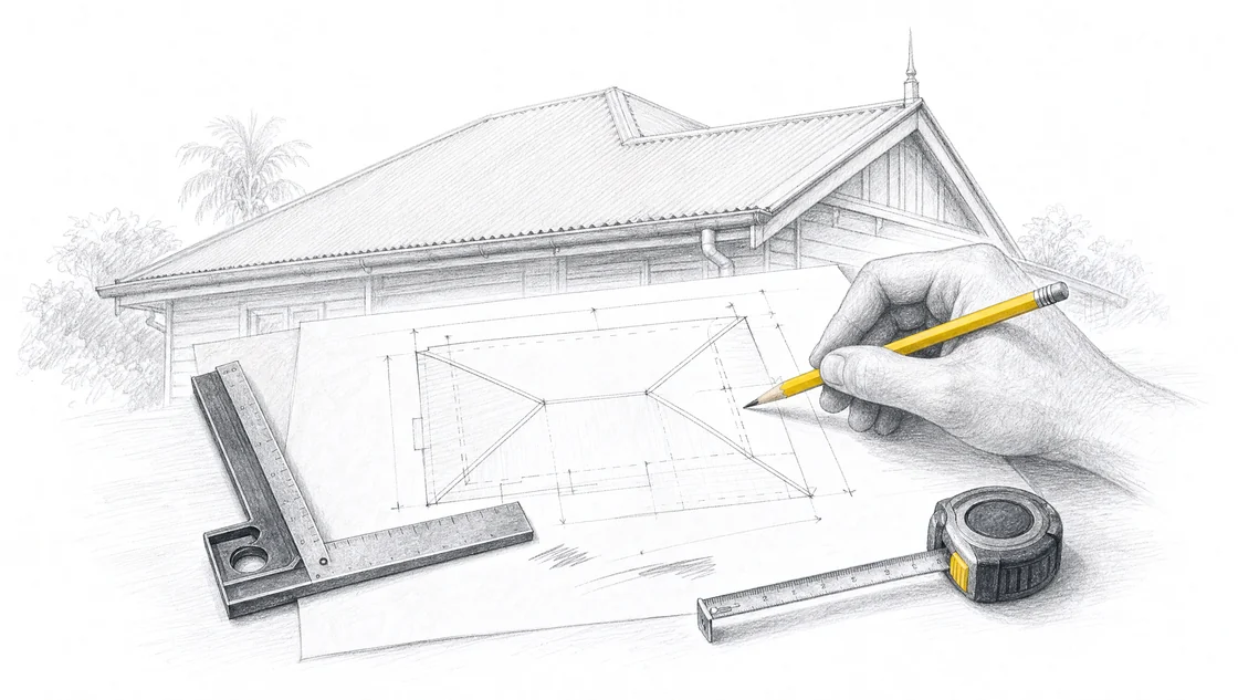 A house roof, measured roof plan and a tradesperson checking the drawing with a pencil.