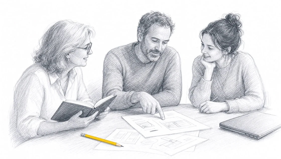Three illustrated colleagues compare working notes and agree on a shared approach.
