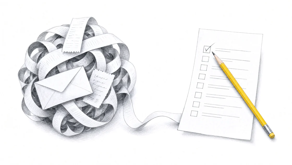 A tangle of paper unfurls into a clear checklist beside a yellow pencil.