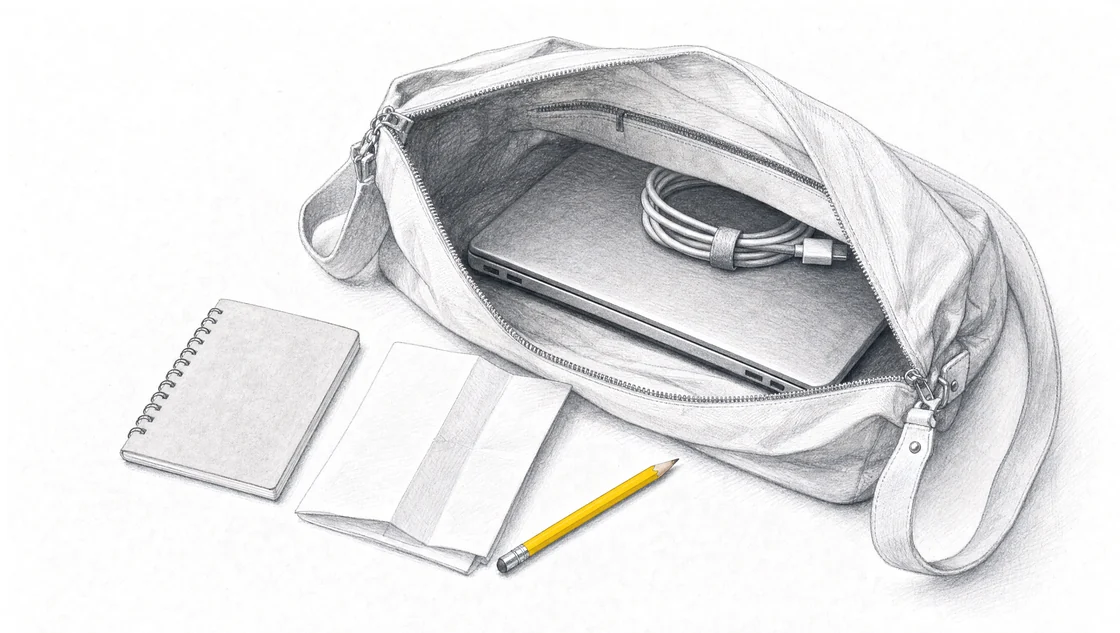 An open canvas bag with a laptop, charging cable, notebook, sample document and yellow pencil.