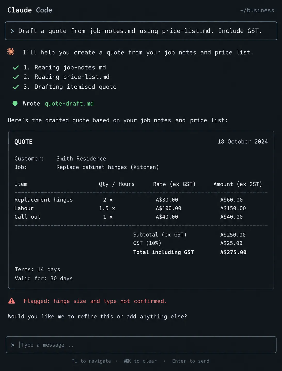 A session reading the job notes and the price list, then drafting the itemised quote